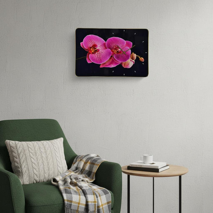 24" Pink Black And Gold Solid Wood and Acrylic Silent Orchids Floral Wall Clock