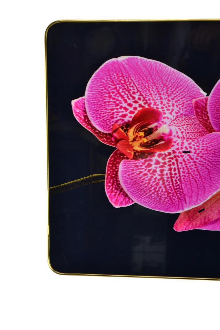 24" Pink Black And Gold Solid Wood and Acrylic Silent Orchids Floral Wall Clock