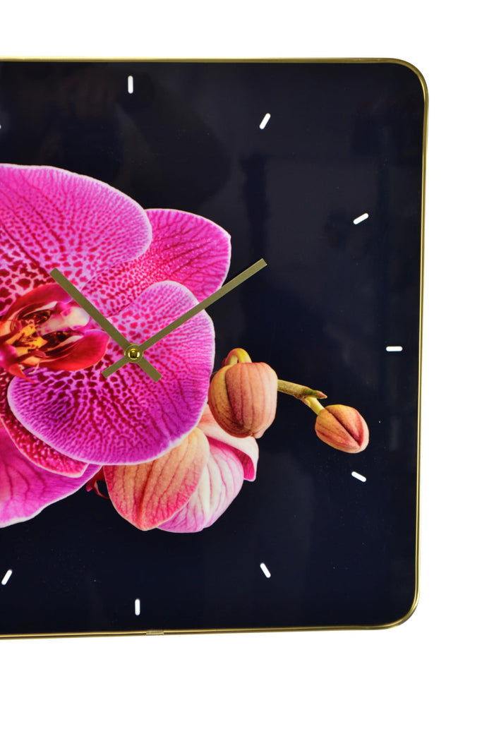 24" Pink Black And Gold Solid Wood and Acrylic Silent Orchids Floral Wall Clock