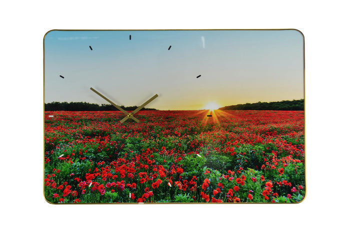 24" Red Blue And Gold Solid Wood and Acrylic Silent Poppies Floral Wall Clock