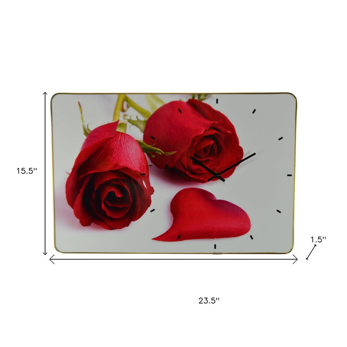 24" Red White And Gold Solid Wood and Acrylic Silent Roses Floral Wall Clock