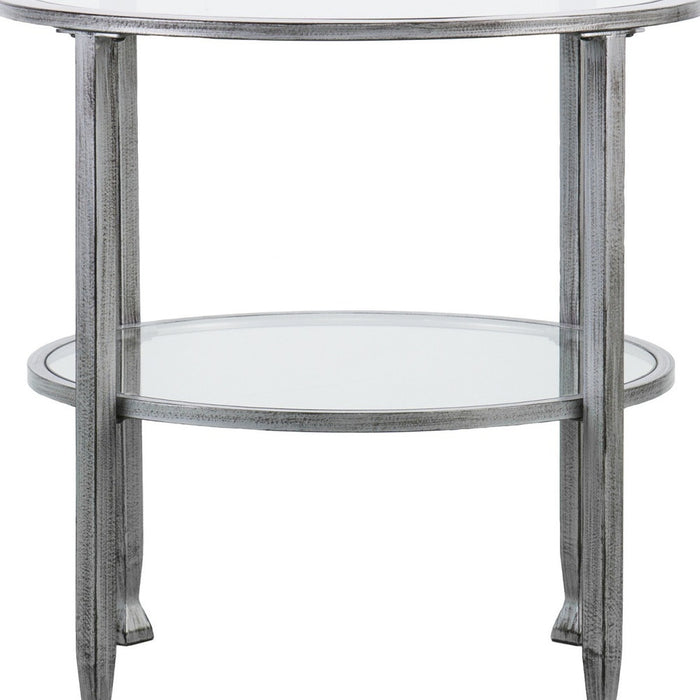 24" Silver And Clear Glass And Distressed Iron Round End Table With Shelf