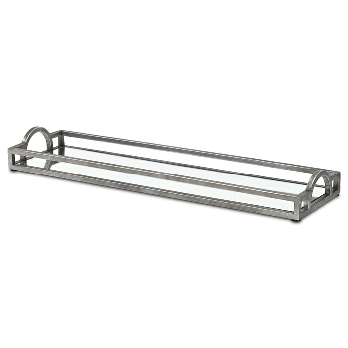 24" Silver Metal And Mirrored Glass Handmade Vanity Tray With Handles