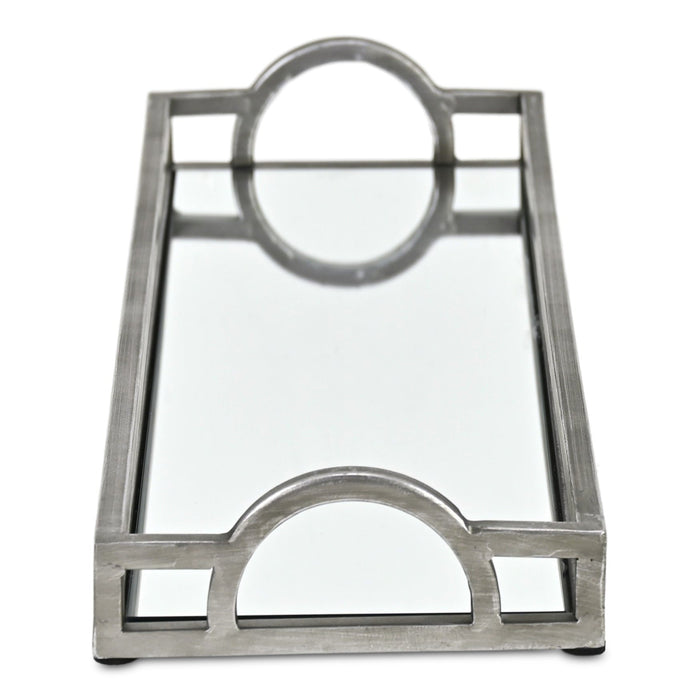 24" Silver Metal And Mirrored Glass Handmade Vanity Tray With Handles