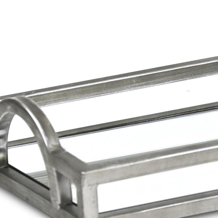 24" Silver Metal And Mirrored Glass Handmade Vanity Tray With Handles