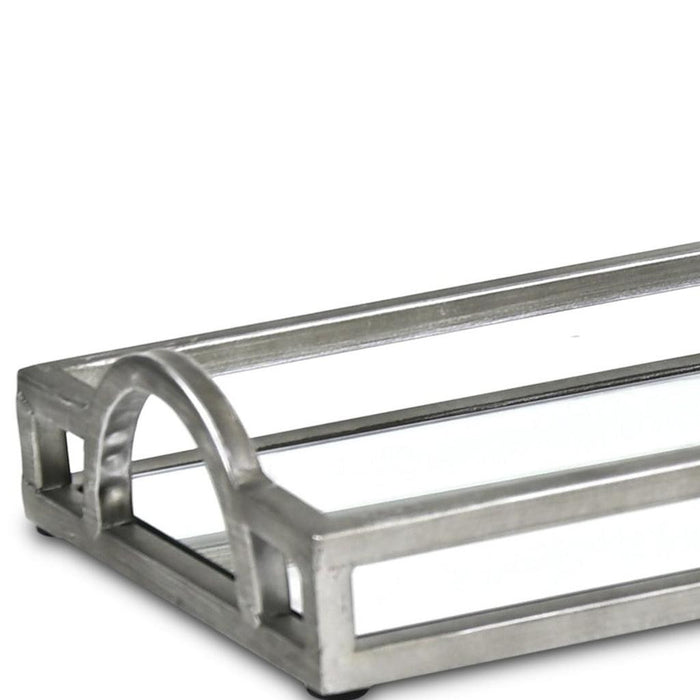 24" Silver Metal And Mirrored Glass Handmade Vanity Tray With Handles
