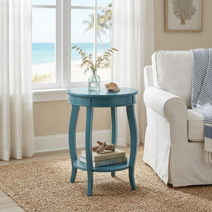 24" Teal Blue Solid Wood Round End Table With Shelf