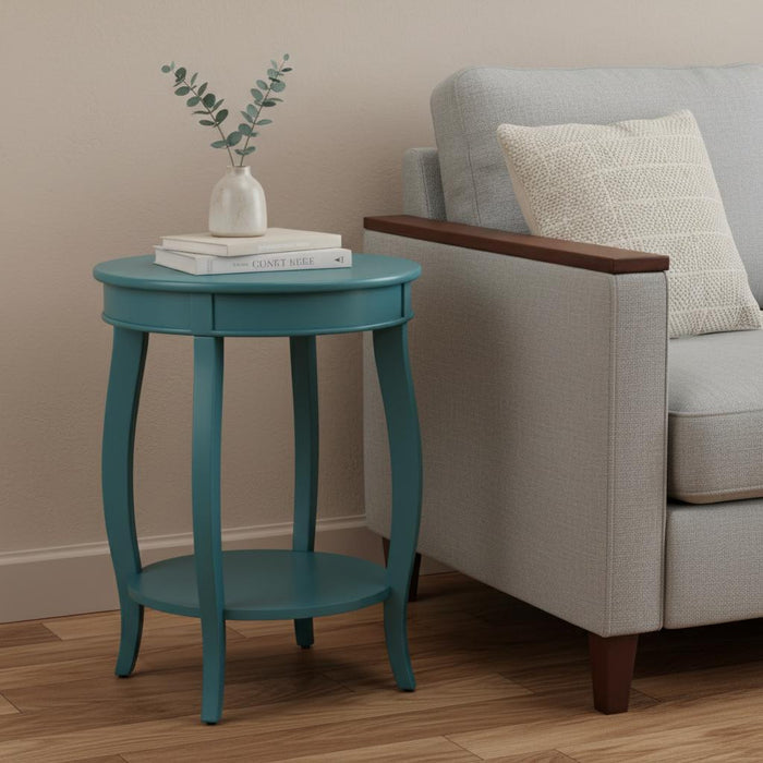 24" Teal Blue Solid Wood Round End Table With Shelf