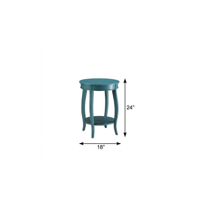 24" Teal Blue Solid Wood Round End Table With Shelf