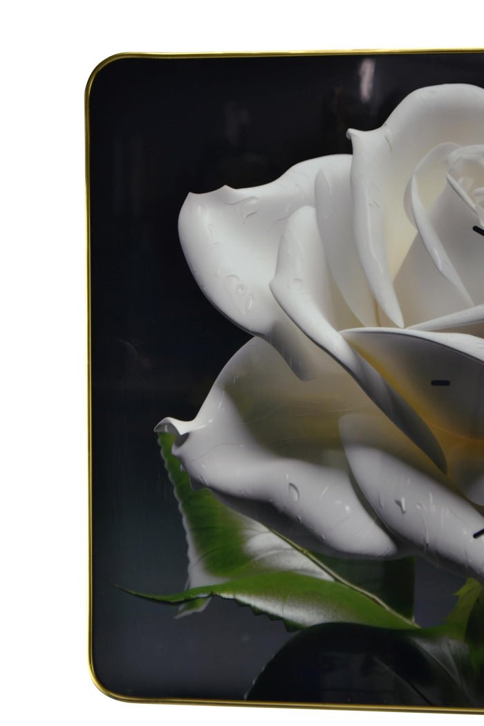 24" White Black And Green Solid Wood and Acrylic Silent Roses Floral Wall Clock