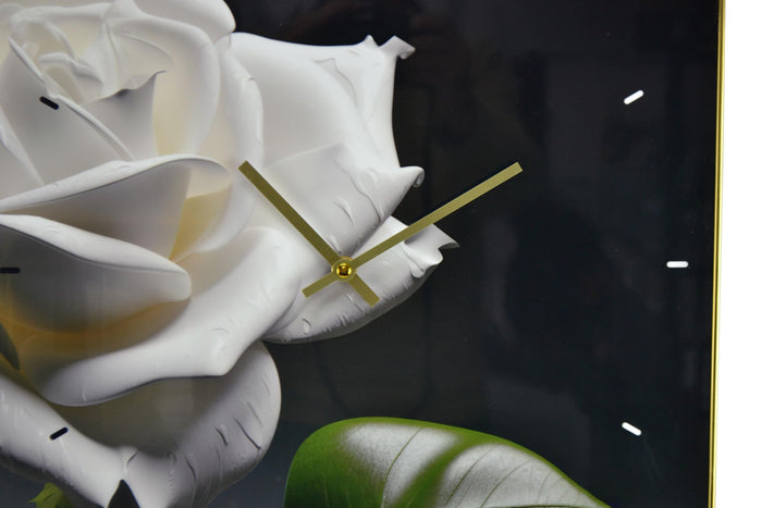 24" White Black And Green Solid Wood and Acrylic Silent Roses Floral Wall Clock