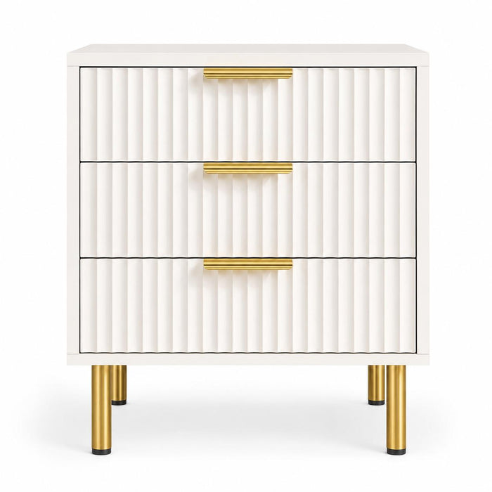 24" White Wood Ribbed Texture Three Drawer Nightstand