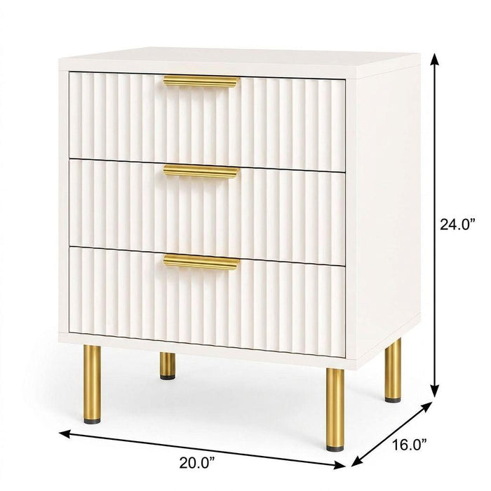 24" White Wood Ribbed Texture Three Drawer Nightstand