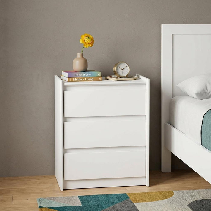 24" White Wood Three Drawer Nightstand with USB Port and Integrated Tech