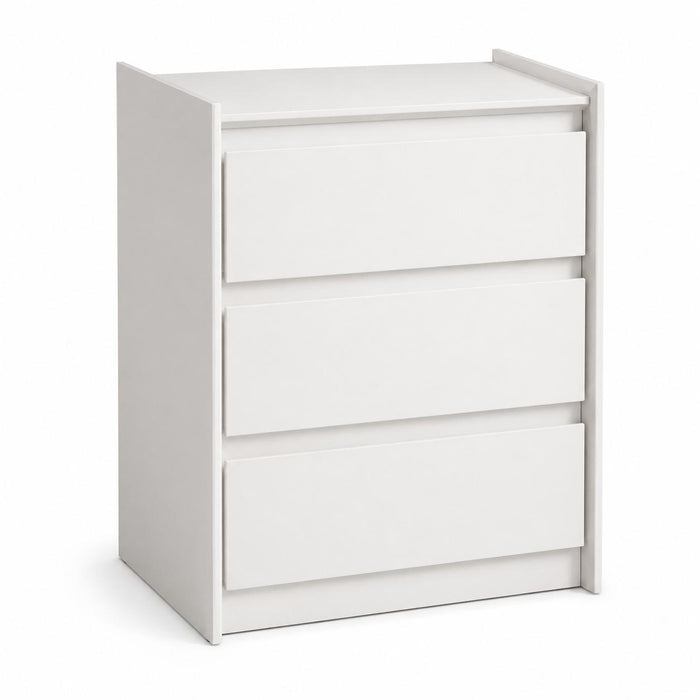 24" White Wood Three Drawer Nightstand with USB Port and Integrated Tech