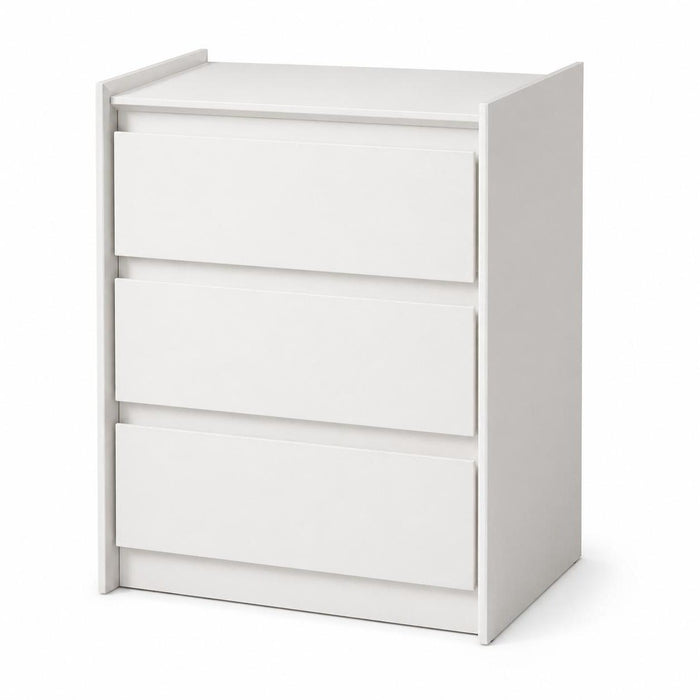 24" White Wood Three Drawer Nightstand with USB Port and Integrated Tech