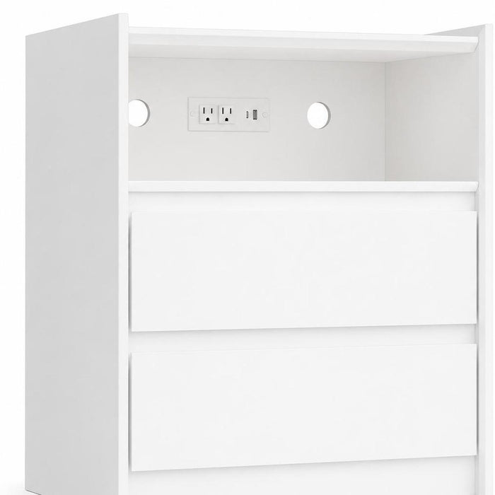 24" White Wood Two Drawer Nightstand with USB Port and Integrated Tech