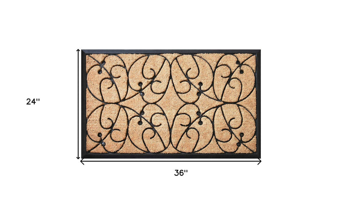 24" X 36" Natural and Black Coir Botanical Leaves Outdoor Door Mat