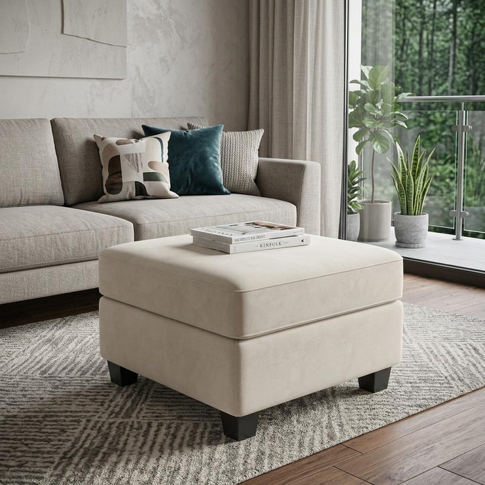 25" Beige And Black Velvet Ottoman With Storage