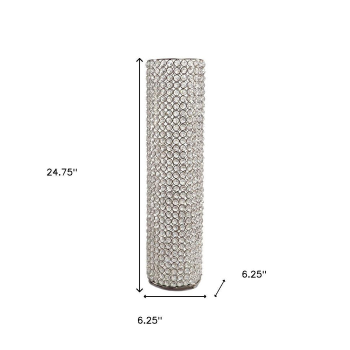 25" Clear And Silver Faux Crystal And Metal Table Vase