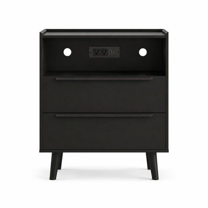 26" Black Wood Two Drawer Nightstand with USB Port and Integrated Tech