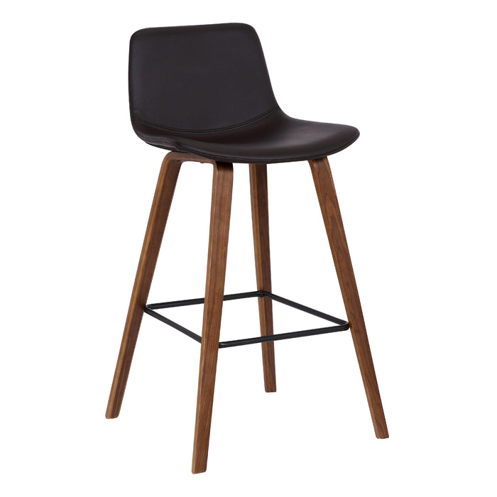 26" Brown Faux Leather And Fabric And Solid Wood Low Back Counter Height Bar Chair