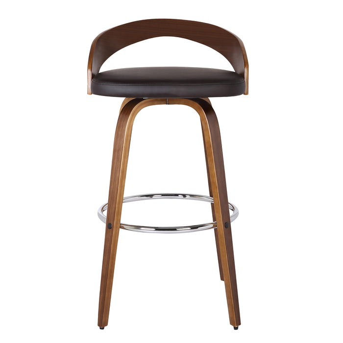 26" Brown Faux Leather And Fabric And Solid Wood Low Back Counter Height Swivel Bar Chair