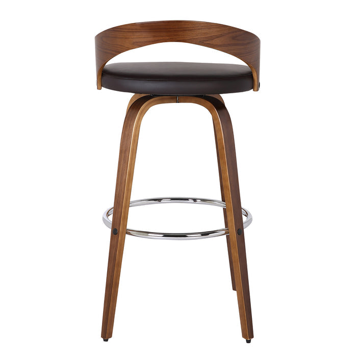 26" Brown Faux Leather And Fabric And Solid Wood Low Back Counter Height Swivel Bar Chair