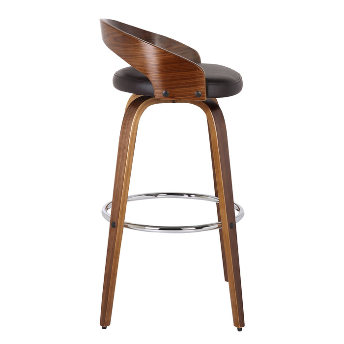 26" Brown Faux Leather And Fabric And Solid Wood Low Back Counter Height Swivel Bar Chair