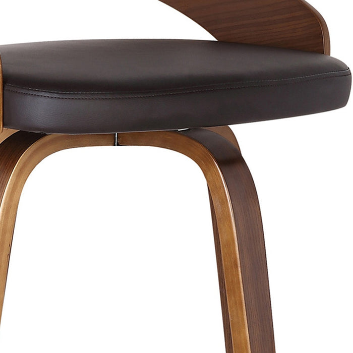 26" Brown Faux Leather And Fabric And Solid Wood Low Back Counter Height Swivel Bar Chair