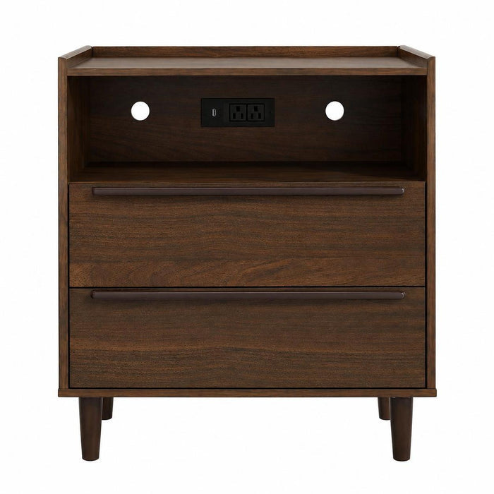 26" Espresso Wood Two Drawer Nightstand with USB Port and Integrated Tech