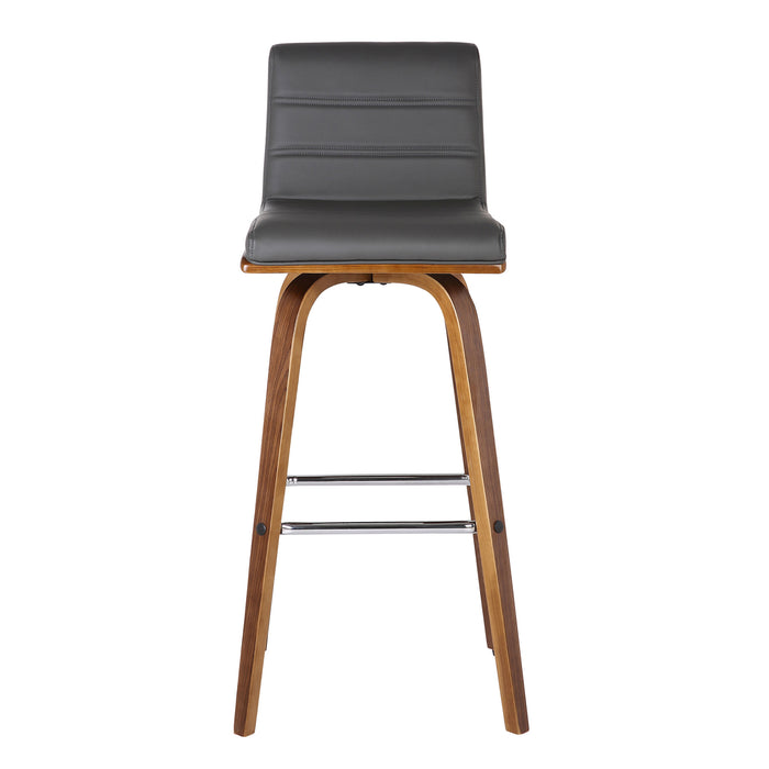 26" Gray And Brown Fabric And Solid Wood Low Back Counter Height Swivel Bar Chair
