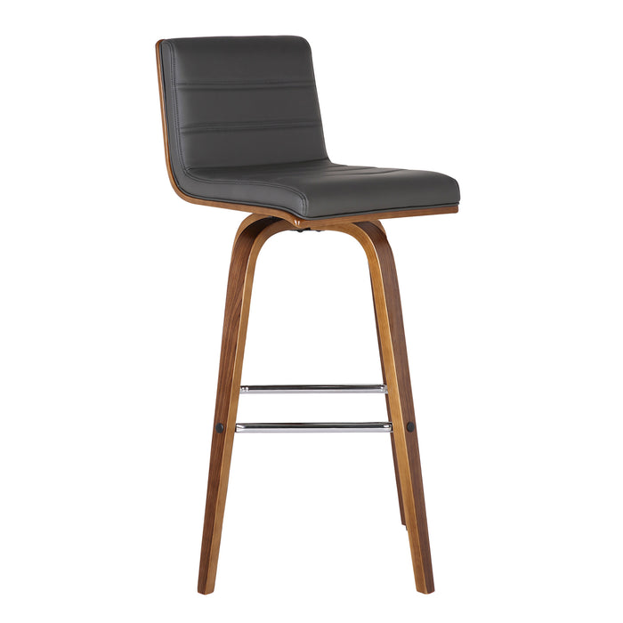26" Gray And Brown Fabric And Solid Wood Low Back Counter Height Swivel Bar Chair