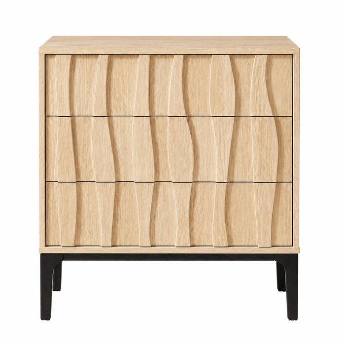 26" Natural Wood Carved Abstract Three Drawer Nightstand