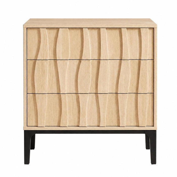 26" Natural Wood Carved Abstract Three Drawer Nightstand
