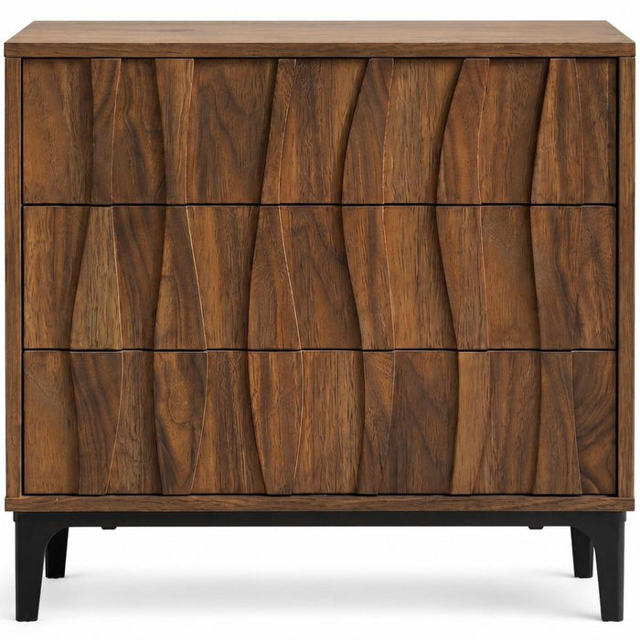 26" Walnut Wood Ribbed Texture Three Drawer Nightstand