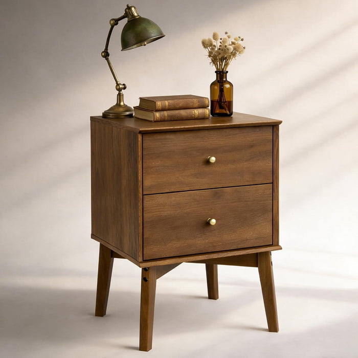 26" Walnut Wood Two Drawer Nightstand