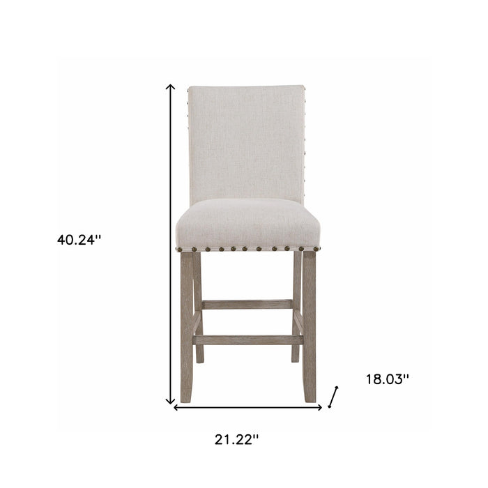 26" White And Natural Fabric And Wood Counter Height Bar Chair