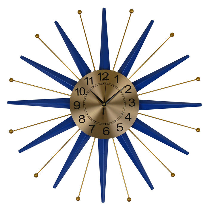 27" Blue And Gold Metal Silent Analog Starburst Wall Clock