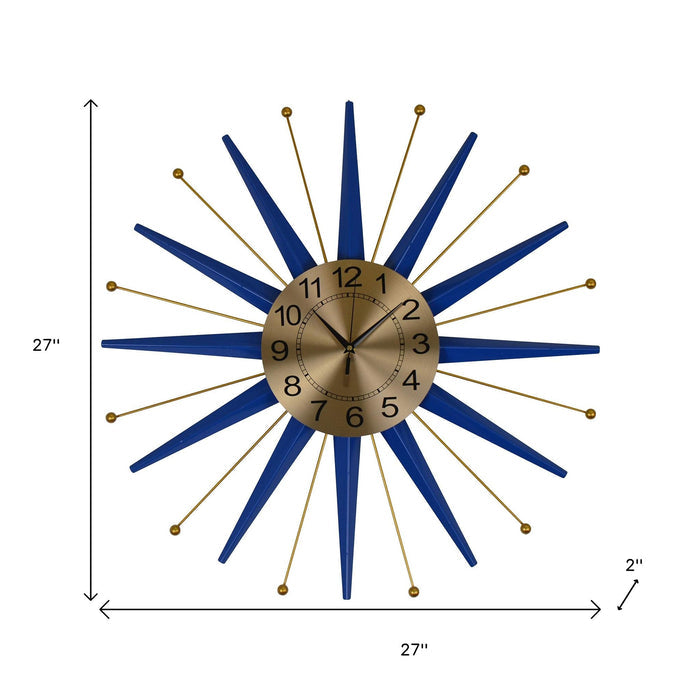 27" Blue And Gold Metal Silent Analog Starburst Wall Clock
