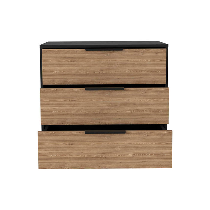 28" Natural And Black Wood Three Drawer Dresser