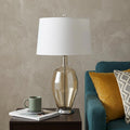 29" Nickel Metal Round Table Lamp With White Drum Shade