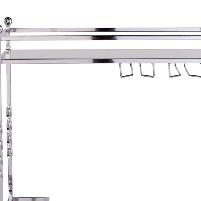 29" Silver Metal and Mirrored Glass Rolling Bar Cart With Wine Storage