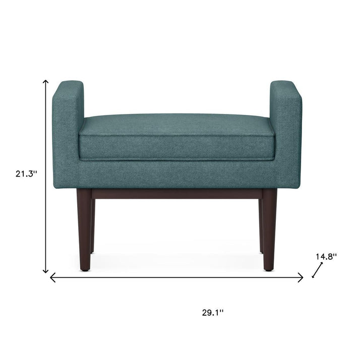 29" Teal Blue And Walnut Linen Ottoman