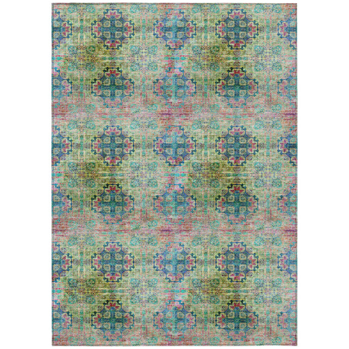 3' X 5' Blue and Green Floral Medallion Washable Non Skid Indoor Outdoor Area Rug
