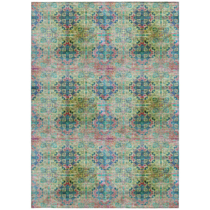 3' X 5' Blue and Green Floral Medallion Washable Non Skid Indoor Outdoor Area Rug
