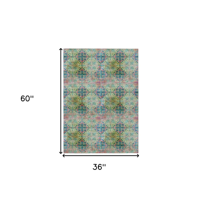 3' X 5' Blue and Green Floral Medallion Washable Non Skid Indoor Outdoor Area Rug