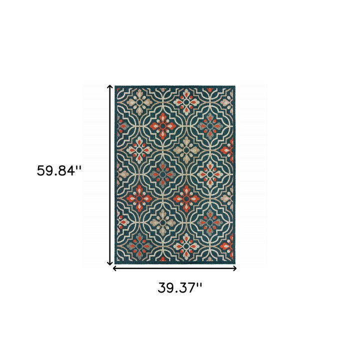 3' X 5' Blue And Orange Moroccan Indoor Outdoor Area Rug