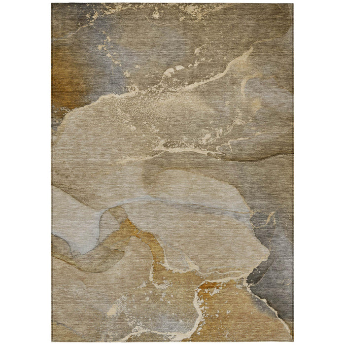 3' X 5' Brown Beige and Gold Abstract Washable Indoor Outdoor Area Rug