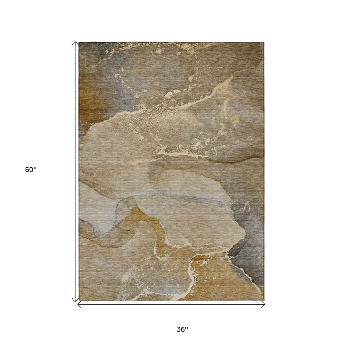 3' X 5' Brown Beige and Gold Abstract Washable Indoor Outdoor Area Rug